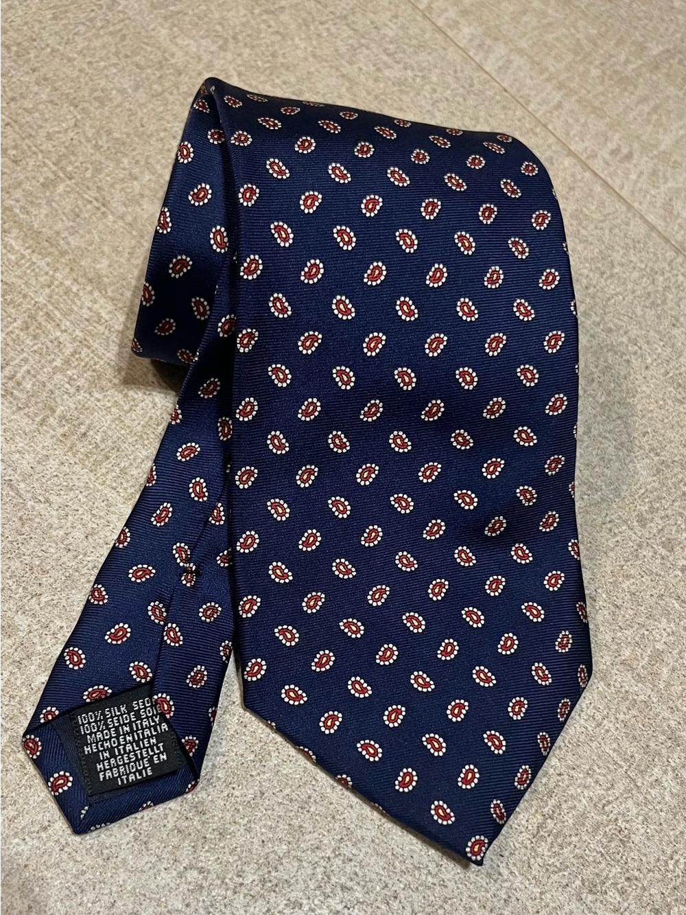 Frangi Italy Navy Silk Tie with Red Paisley Motif